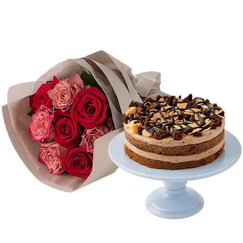 Sweet Delight Cake And Roses Bouquet