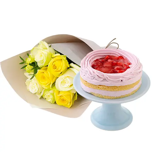 Delightful Strawberry Cake And Rose Bouquet